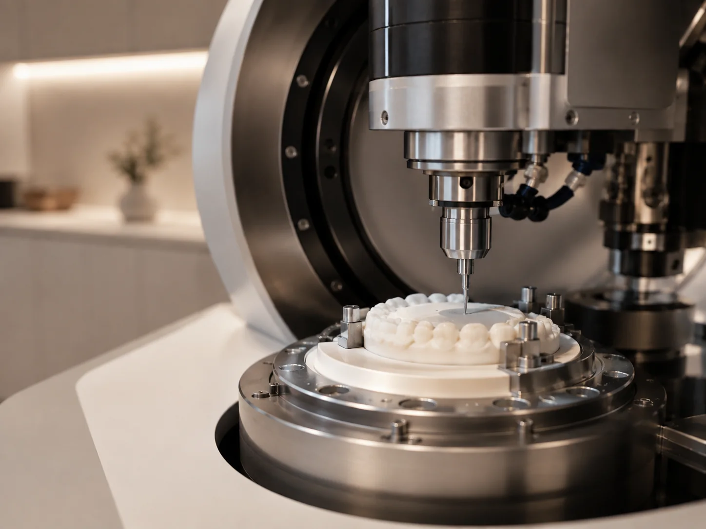 Präzise Fräsmaschine bei der Fertigung eines Zahnmodells